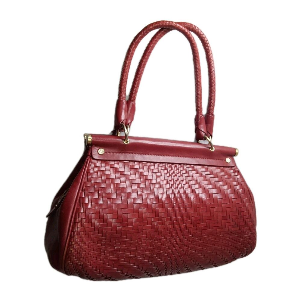 Cole Haan Woven Leather Handbag Maroon Red Satchel - Picture 7 of 12